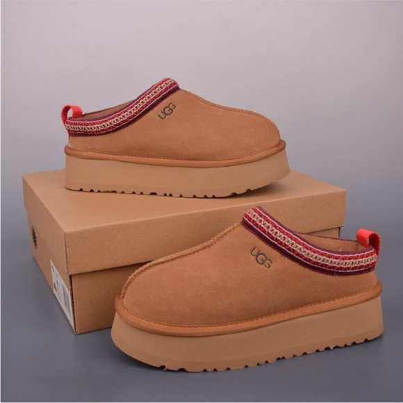 UGG Shoes - UGG Brown Platform Slip-Ons with Red Trim